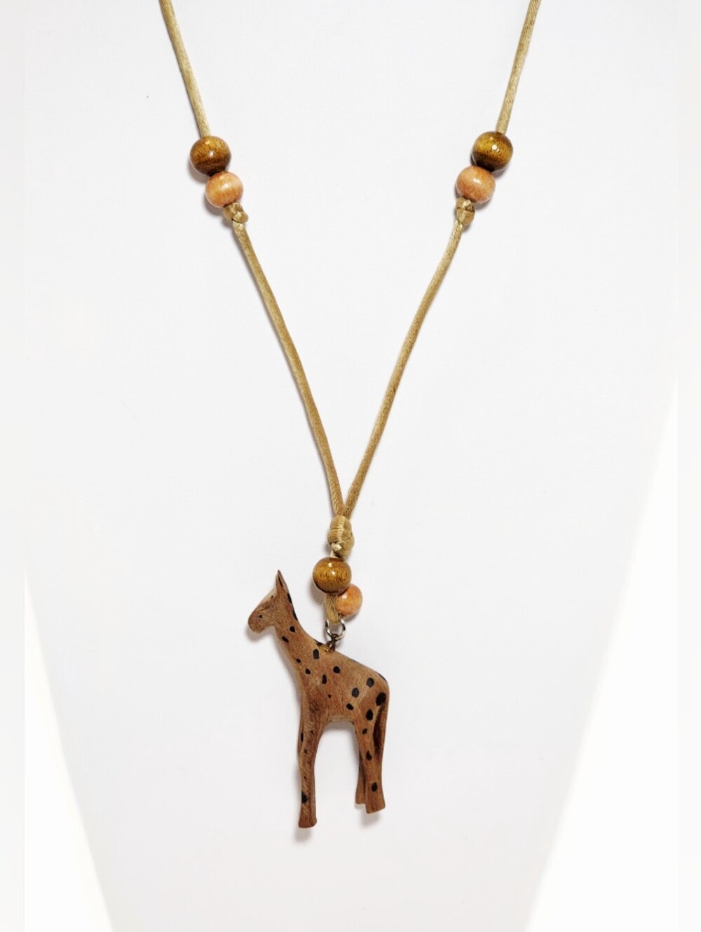 Hand Carved Wood Giraffe Wood Beaded Corded Necklace